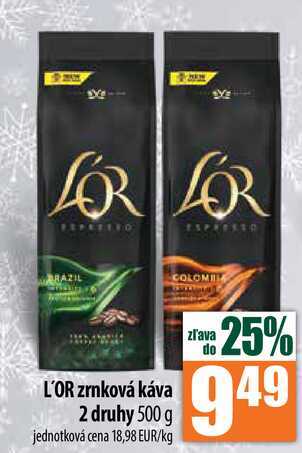 L'OR zrnková káva 2 druhy 500 g