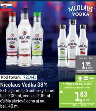 Nicolaus Vodka 38% Extra jemná, Cranberry, Lime bal.: 200 ml