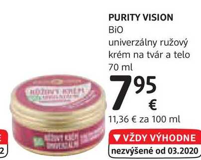 PURITY VISION Bio univerzálny ružový krém na tvár a telo, 70 ml 