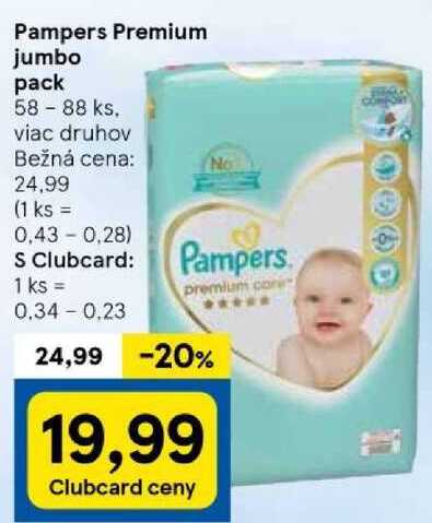 Pampers Premium jumbo pack, 58 - 88 ks v akcii | Zlacnene.sk