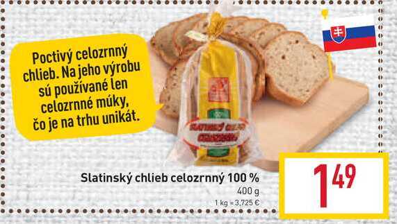 Slatinská Pekáreň Slatinský chlieb celozrnný 100% 400 g