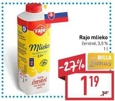 Rajo mlieko čerstvé 3,5% 1 l v akcii