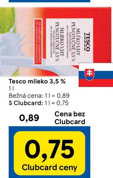Tesco mlieko 3,5 %, 1 l