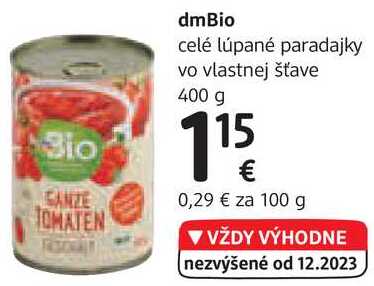 dmBio celé lúpané paradajky vo vlastnej šťave, 400 g 