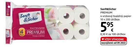 Sanft&Sicher PREMIUM 4-vrstvový toaletný papier, 10x 200 útržkov 