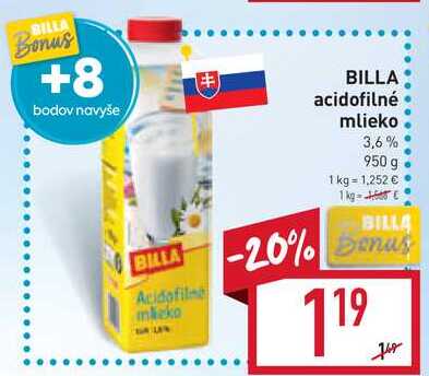 BILLA acidofilné mlieko 3,6% 950 g