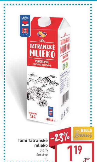 Tatranské mlieko 3.6% čerstvé 1L
