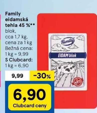 Family eidamská tehla 45 %, cena za 1 kg 