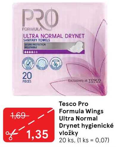 Tesco Pro Formula Wings Ultra Normal Drynet hygienické vložky, 20 ks