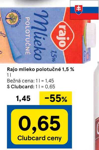 Rajo mlieko polotučné 1,5 %, 1 l