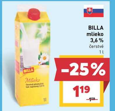 BILLA mlieko 3,6% čerstvé 1L