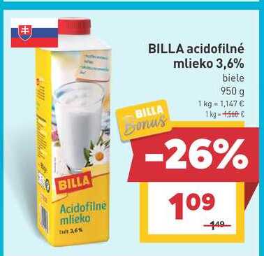 BILLA acidofilné mlieko 3,6% biele 950 g 