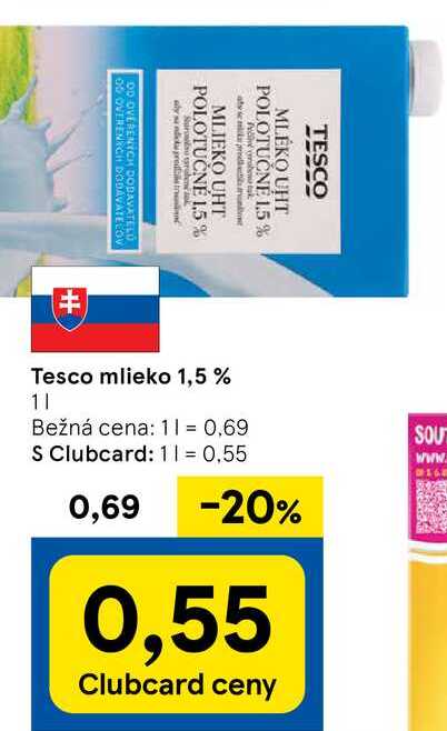 Tesco mlieko 1,5 %, 1 l