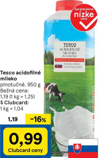 Tesco acidofilné mlieko, 950 g 