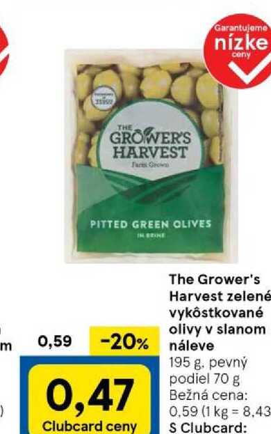 The Grower's Harvest zelené vykôstkované olivy v slanom náleve 70 g