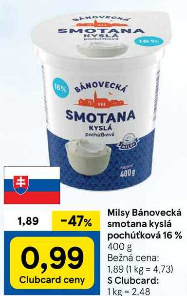 Milsy Bánovecká smotana kyslá pochúťková 16%, 400 g