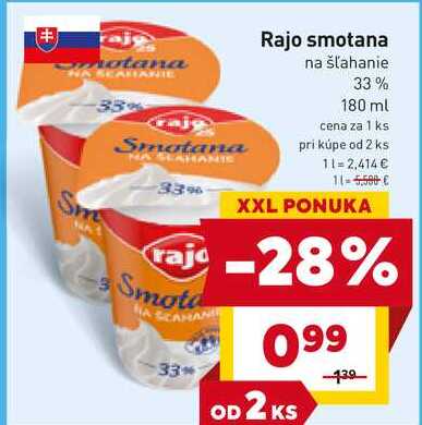 Rajo smotana na šľahanie 33% 180 ml 