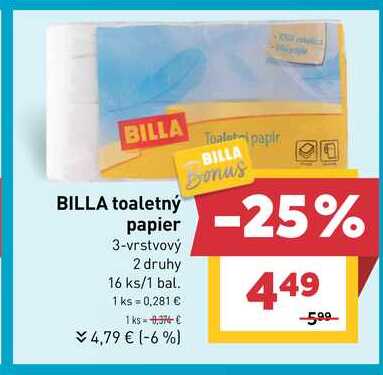 BILLA toaletný papier 3-vrstvový 2 druhy 16 ks