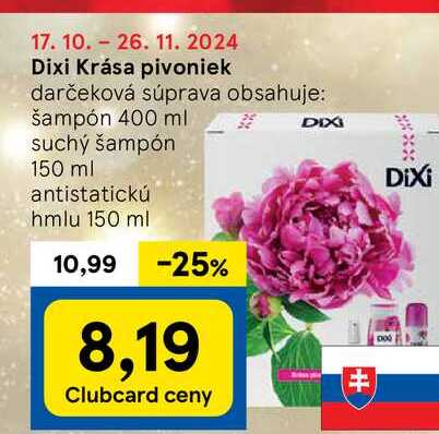 Dixi Krása pivoniek darčeková súprava obsahuje: šampón 400 ml DIXI suchý šampón 150 ml antistatickú hmlu 150 ml 