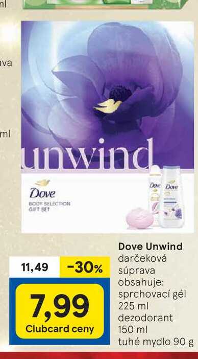 Dove Unwind darčeková súprava obsahuje: sprchovací gél 225 ml dezodorant 150 ml tuhé mydlo 90 g 