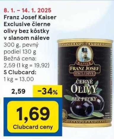 Franz Josef Kaiser Exclusive čierne olivy bez kôstky v slanom náleve, 300 g