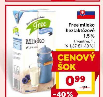 Free mlieko bezlaktózové 1,5% trvanlivé, 1l