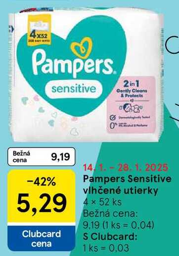 Pampers Sensitive vlhčené utierky, 4x 52 ks 