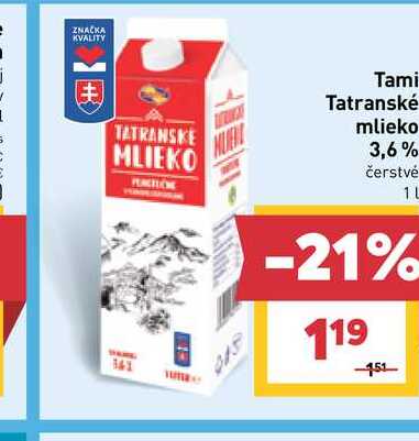 Tami Tatranské mlieko 3,6% čerstvé 1 L