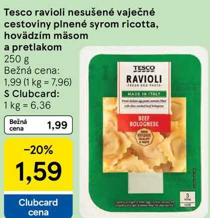 Tesco ravioli nesušené vaječné cestoviny plnené syrom ricotta, hovädzím mäsom a pretlakom, 250 g