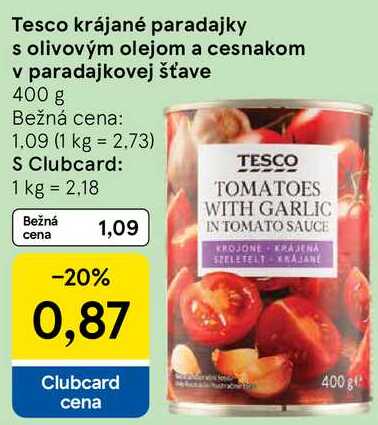 Tesco krájané paradajky s olivovým olejom a cesnakom v paradajkovej šťave, 400 g 