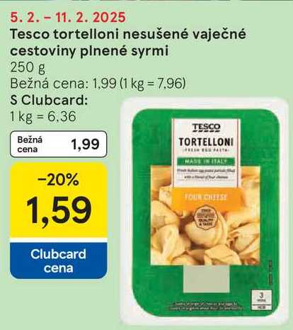 Tesco tortelloni nesušené vaječné cestoviny plnené syrmi, 250 g 