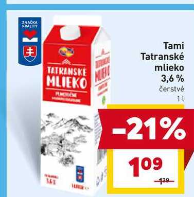 Tami Tatranské mlieko 3,6% čerstvé 1l