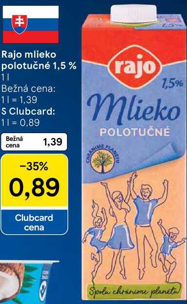 Rajo mlieko polotučné 1,5 %, 1 l