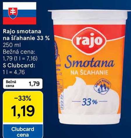 Rajo smotana na šľahanie 33%, 250 ml 