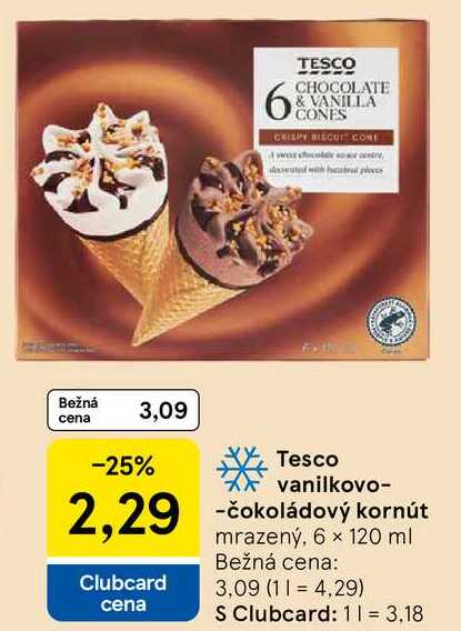 Tesco vanilkovo-čokoládový kornút mrazený, 6x 120 ml