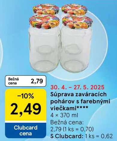 Súprava zaváracích pohárov s farebnými viečkami, 4x 370 ml