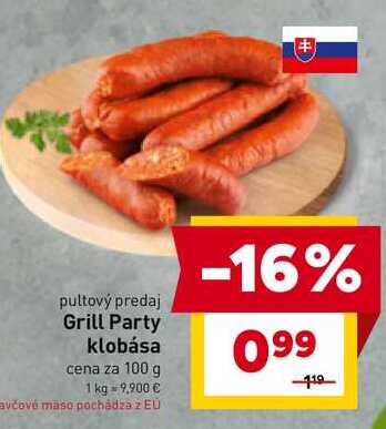 Grill Party klobása cena za 100 g