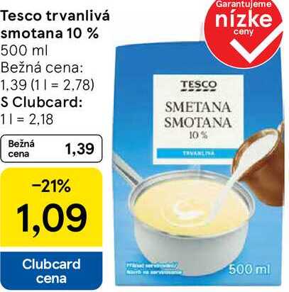 Tesco trvanlivá smotana 10%, 500 ml