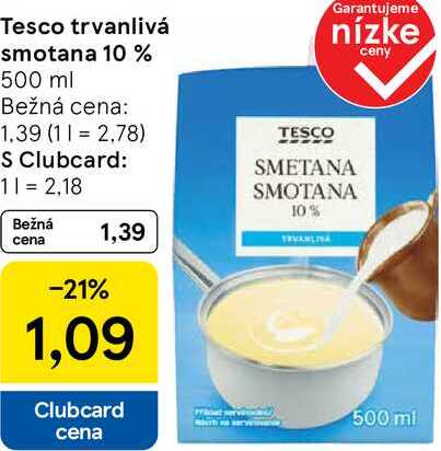 Tesco trvanlivá smotana 10 %, 500 ml 