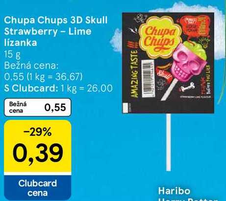 Chupa Chups 3D Skull Strawberry - Lime lízanka, 15 g