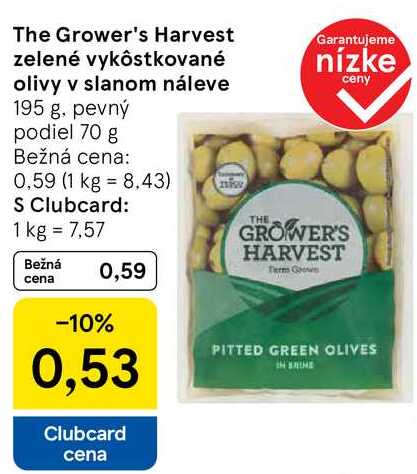 The Grower's Harvest zelené vykôstkované olivy v slanom náleve, 195 g