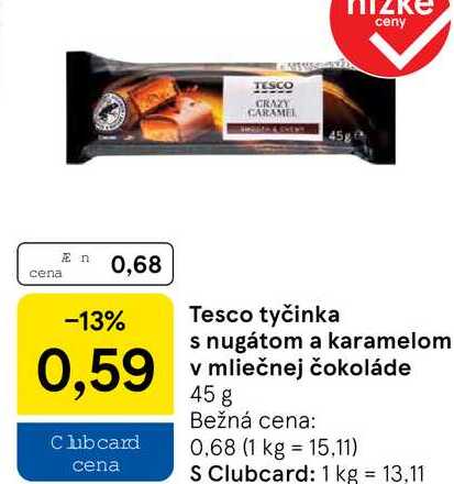 Tesco tyčinka s nugátom a karamelom v mliečnej čokoláde, 45 g
