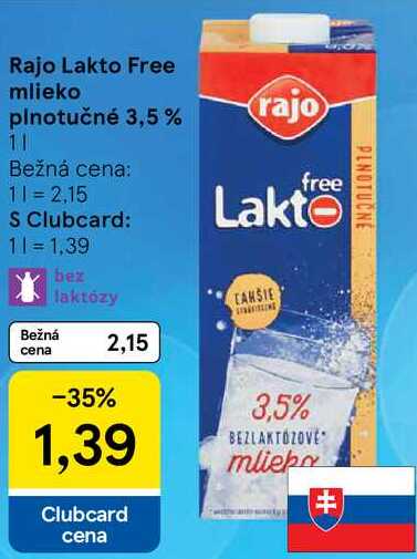Rajo Lakto Free mlieko plnotučné 3,5%, 1 l