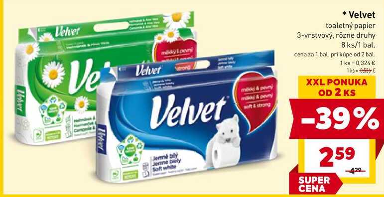 Velvet toaletný papier 3-vrstvový, rôzne druhy 8 ks/1 bal. 