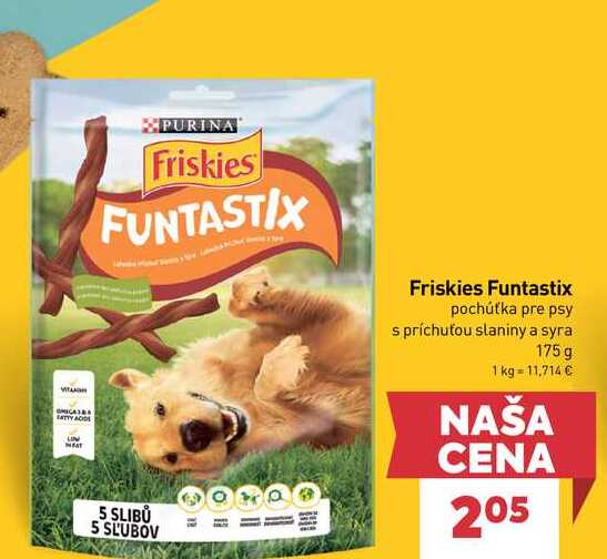 Friskies Funtastix pochúťka pre psy s príchuťou slaniny a syra 175g