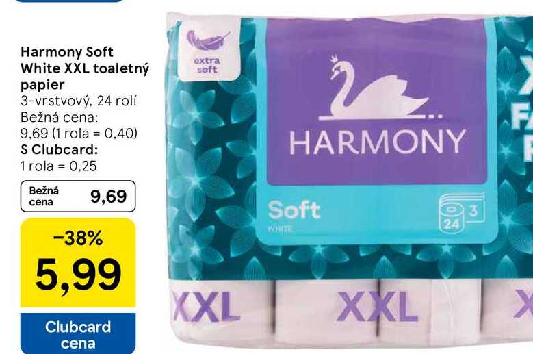 Harmony Soft White XXL toaletný papier, 24 rolí 