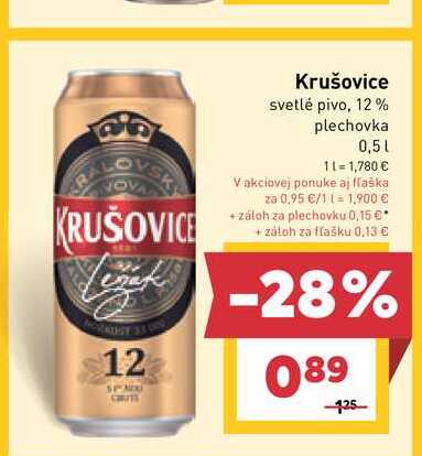 Krušovice svetlé pivo, 12% plechovka 0,5l v akcii