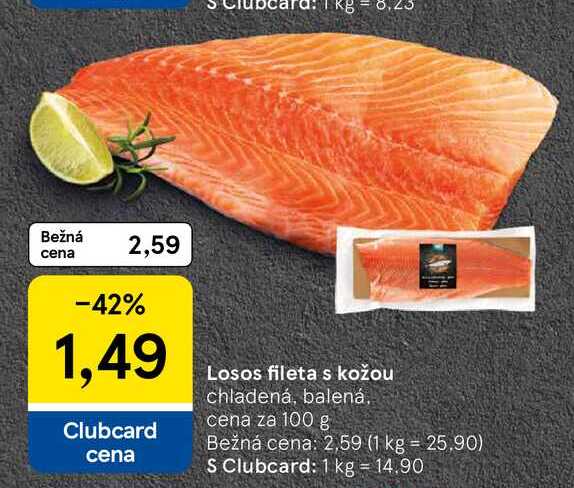 Losos fileta s kožou chladená, balená, cena za 100 g 