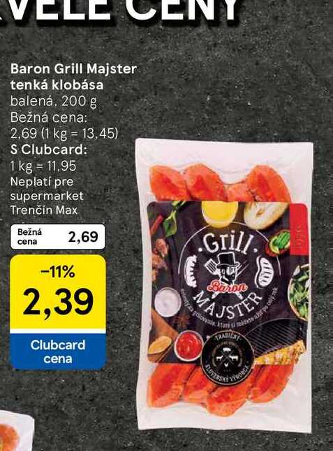 Baron Grill Majster tenká klobása balená, 200 g 
