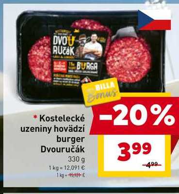 Kostelecké uzeniny hovädzí burger Dvouručák 330 g